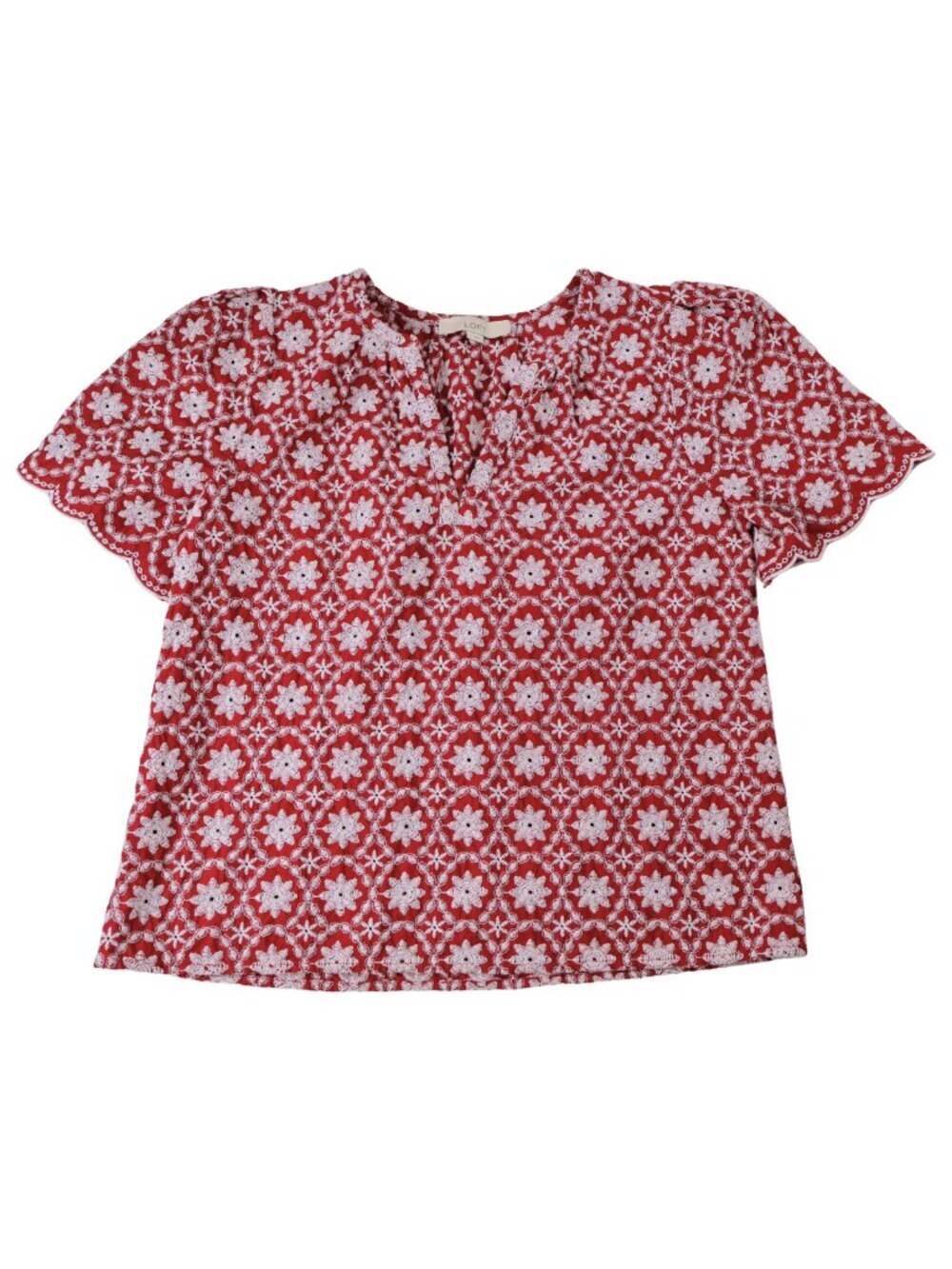 LOFT Red Embroidered Eyelet Flutter Sleeve Blouse Small Floral Top